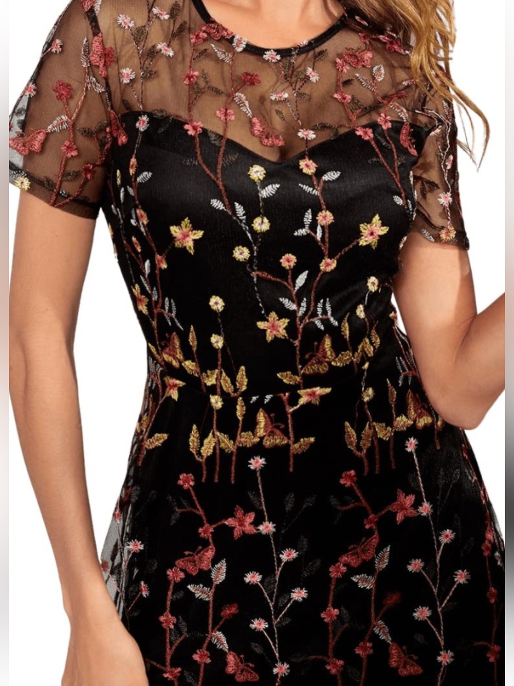Floral Embroidered Black Maxi Dress with Sheer Overlay - Picture 15 of 15